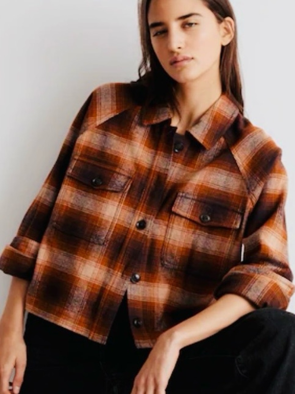 Madewell Flannel Crop Shirt-Jacket in Plaid Saddle Brown Women Size Large